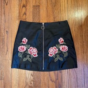 Floral Embroidered Faux Leather Mini Skirt